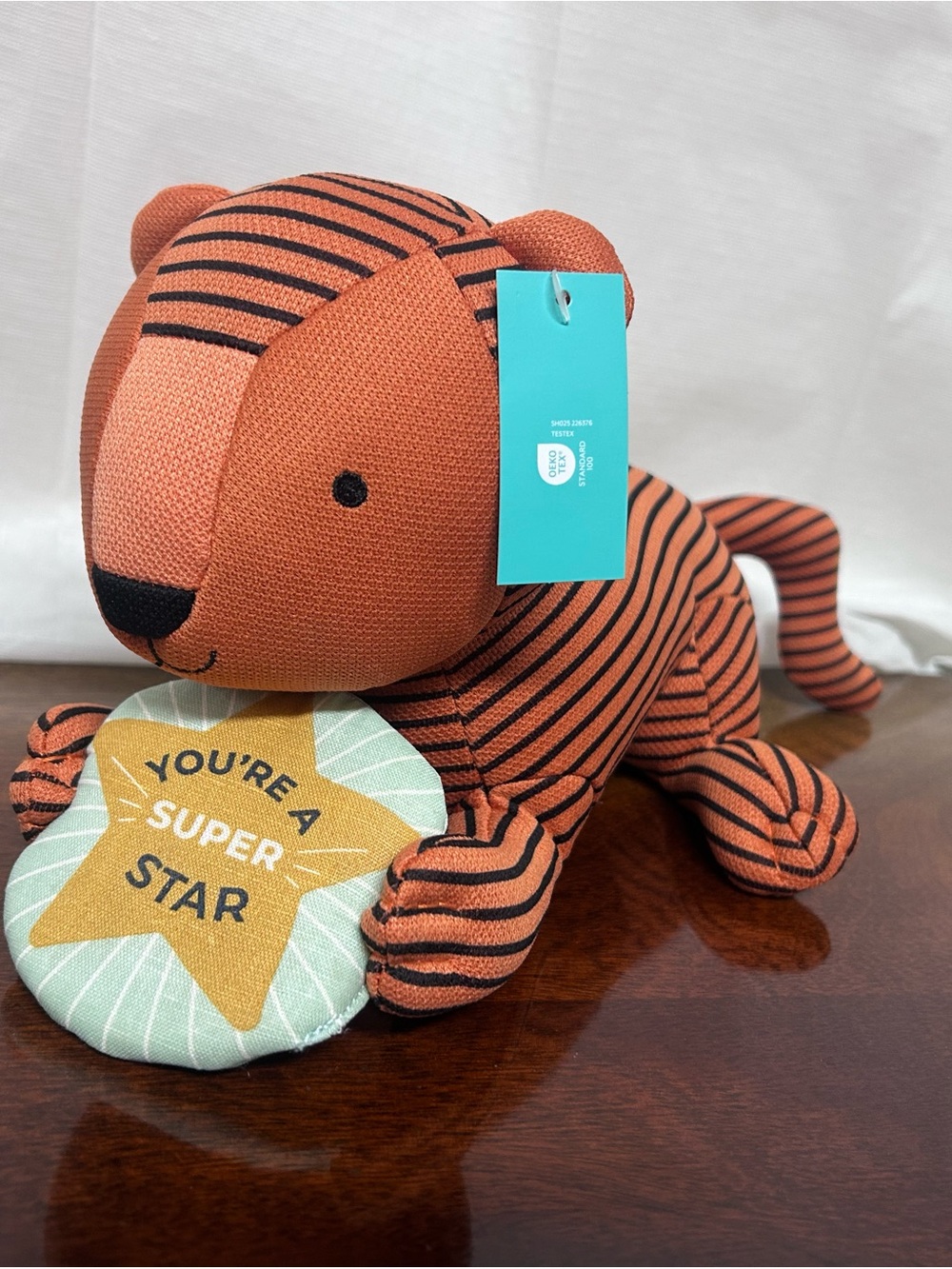 Pillowfort Orange & Black Striped Tiger Plush with superstar banner